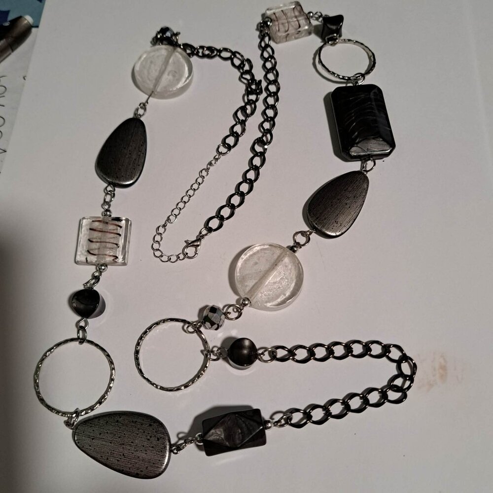 silver, black, dark grey chunky oversized long necklace with some glass beads